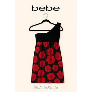 Bebe 100% Silk One Shoulder Mini Dress XS Black Red Rose Print Party Cocktail
